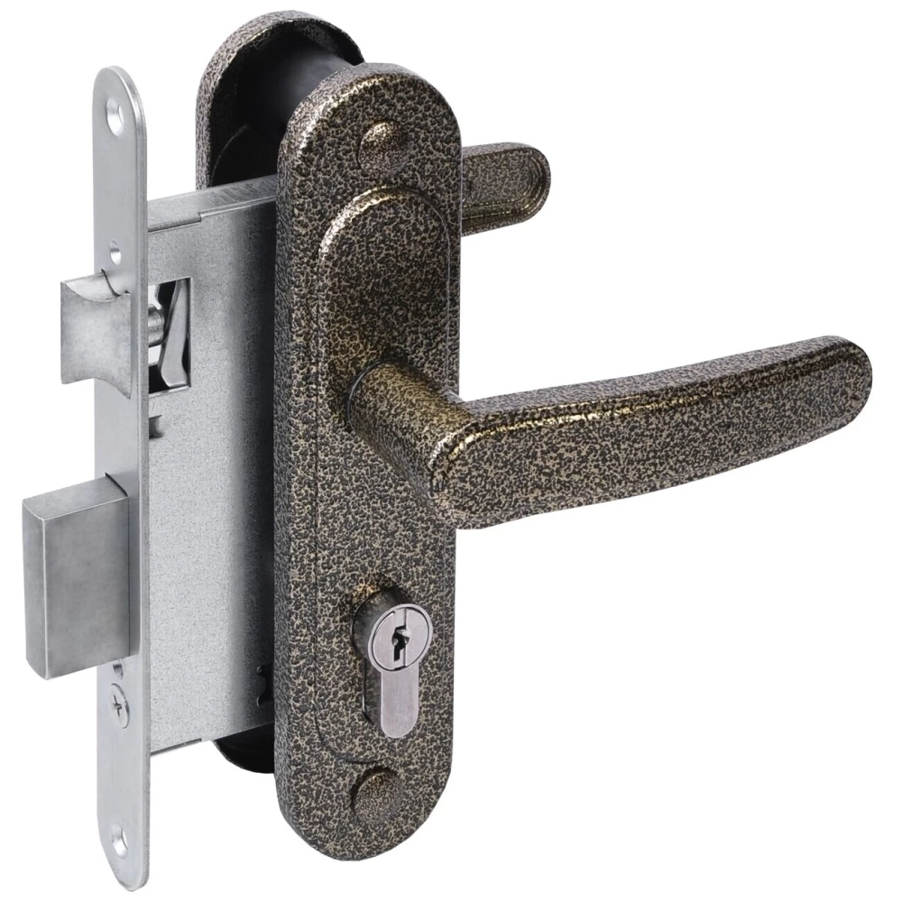 Фото Замок врезной цилиндровый с защёлкой в комплекте с ручкой ЗВ4-3/03 (бронза антик), 4 кл.